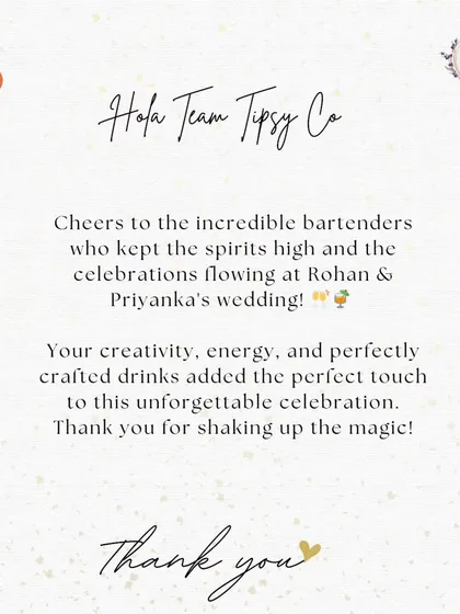 A beautifully designed thank you card from a client, praising our team's creativity, energy, and perfectly crafted drinks for keeping the spirits high.
