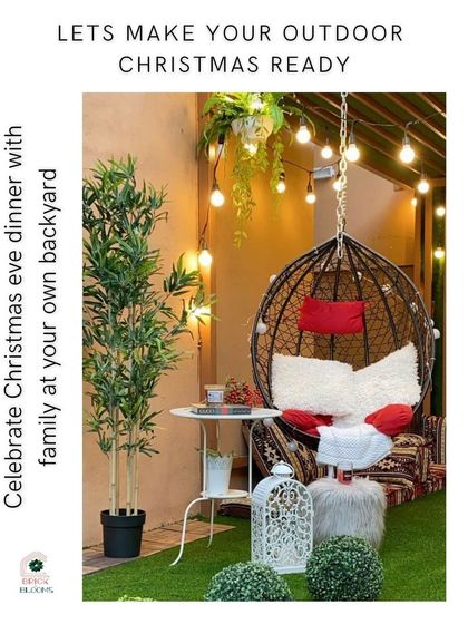 Let us get your outdoor space ready for any celebration. This image shows a cozy backyard corner decorated with fairy lights and a comfortable swing, perfect for a Christmas Eve dinner.