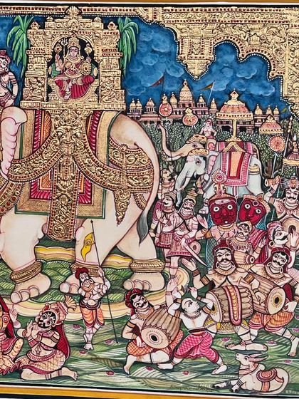 Another detail from our Dasara procession painting, showing the folk dancers and musicians that accompany the main elephant.