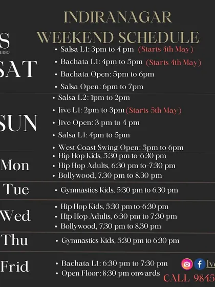 This is the updated weekend and weekday schedule for our Indiranagar location. It shows the variety of classes available, from kids' hip-hop and gymnastics to adult salsa and bachata, reflecting the vibrant activity at our studio.