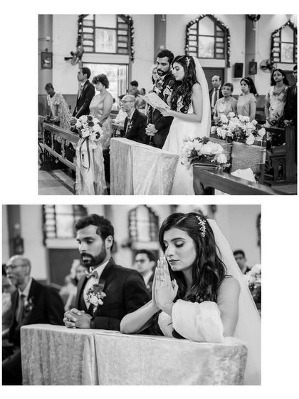 A black and white collage of solemn moments during the church ceremony. These images capture the reverence and emotion of the wedding vows.