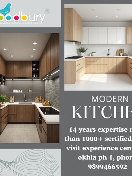 Wood-finish cabinets bring natural warmth to a modern kitchen. This collage shows two different ways to use wood tones, either for all cabinets or paired with white for a two-tone effect.