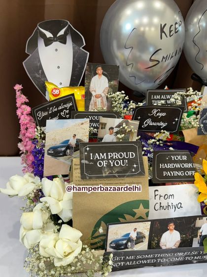 The little details make all the difference. This hamper for the groom includes custom tags with messages like "I am proud of you!" and "Your hardwork is paying off."