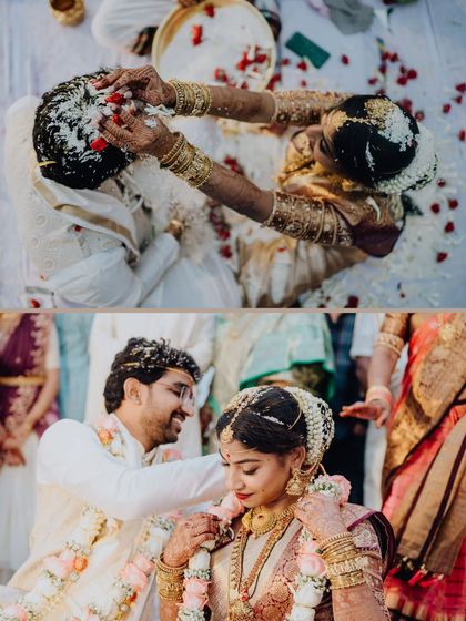 The Talambralu ritual, where the bride and groom shower each other with rice and petals, a playful and significant part of a Telugu wedding.
