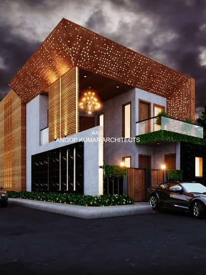A corner view of the modern facade, showing how the perforated screen wraps around the building to create a cohesive and visually interesting architectural statement.