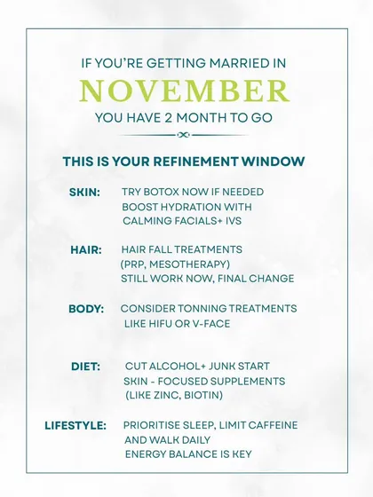 With two months to go before the wedding, you are in the refinement window. This is a good time to consider treatments like calming facials, IV drips for hydration, and toning treatments like HIFU or V-Face.