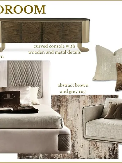 This mood board for a master bedroom project focuses on a sophisticated palette of beige and brown. It includes a structured couch, wooden console, and leather accents to create a space that exudes comfort and elegance.