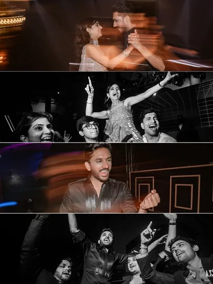 A high-energy collage from an engagement party. The mix of motion blur, dancing, and joyful crowd shots perfectly captures the celebratory atmosphere and fun of the night.