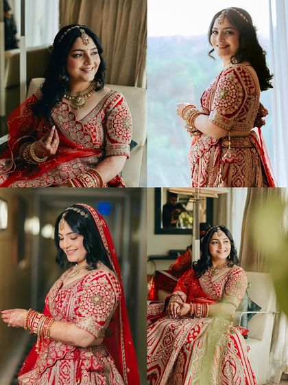 A collage showcasing different moments from Shikha's getting-ready session. Each photo captures her joy and the beauty of her final bridal look.