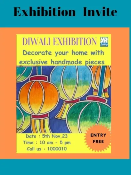 Students learn to create an invitation for an event, like this one for a Diwali exhibition. This project focuses on combining imagery, text, and event details in a clear and attractive way.
