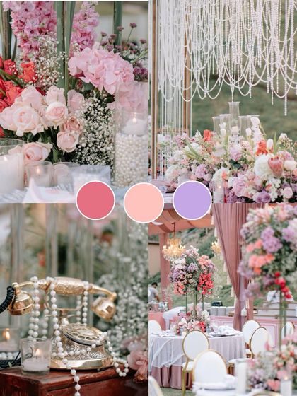 This mood board showcases a vintage romance theme with a palette of dusty rose, peach, and lilac. Details like antique phones and pearl strings add to the nostalgic charm.