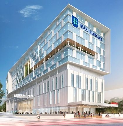 This render depicts the upcoming 419-bed Max Nirogi super-speciality hospital in East Delhi. Our phased design follows a clear massing logic, with outpatient zones at the base and inpatient units above for privacy and efficiency.