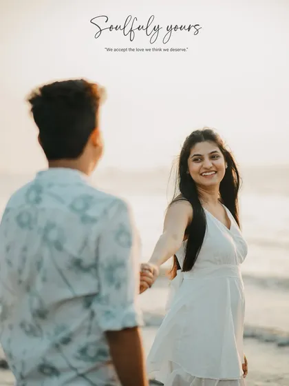"We accept the love we think we deserve." A classic 'follow me to' style shot on the beach, capturing a beautiful smile and the promise of a shared journey.