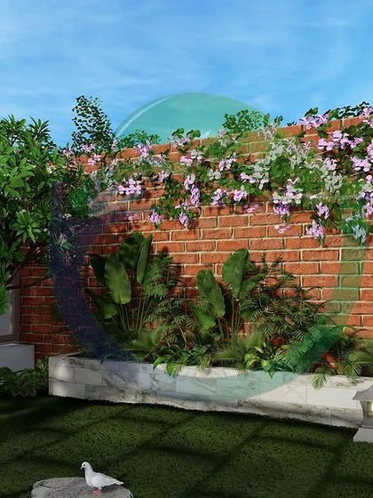 Our design for this backyard features a beautiful exposed brick wall, which will serve as a canvas for a curtain of vibrant Bougainvillea. The civil planter bed in front is designed to hold a variety of lush green plants, adding layers of texture and color.