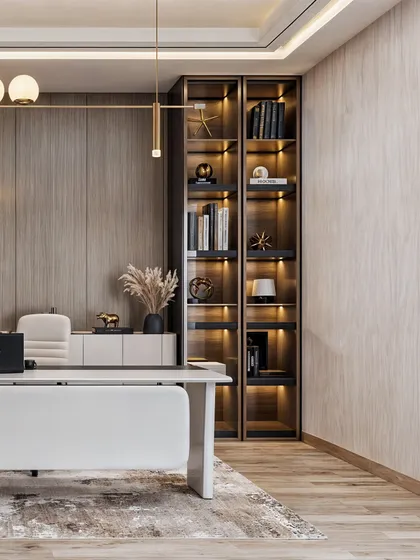 A modern and sophisticated MD cabin, featuring a sleek desk, wood-paneled walls, and a tall, backlit bookshelf.