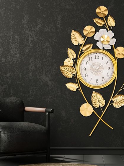 Another view of our floral metal wall clock, showing its placement in a chic, modern living space. It's a perfect example of how our pieces can be both artistic and practical.