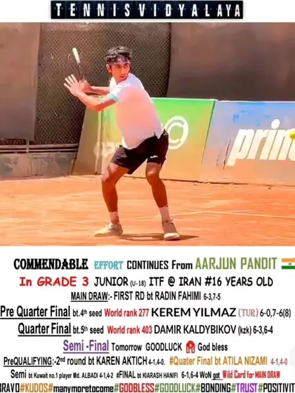 A commendable effort from Aarjun Pandit, reaching the semi-final of the Grade 3 Junior ITF in Iran after defeating two world-ranked players.