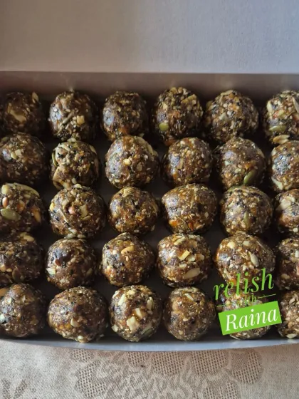 A full box of my Biotin Laddoos. These are a blend of various nuts and seeds known to be beneficial for hair and skin health, making your sweet treat work for you.