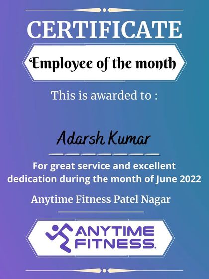 The certificate for my Employee of the Month award in June 2022. I always strive to go the extra mile for my club and its members.