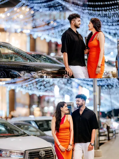 A collage of a couple posing against a backdrop of city lights and cars, showcasing different romantic poses from their urban night shoot.