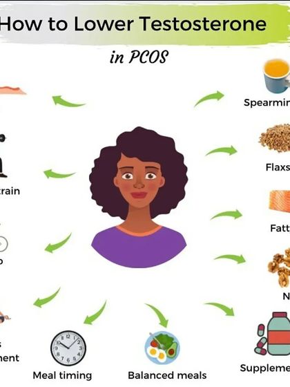 This infographic shows natural ways to lower testosterone in PCOS, from diet changes like eating fatty fish and nuts to lifestyle adjustments like yoga and stress management.