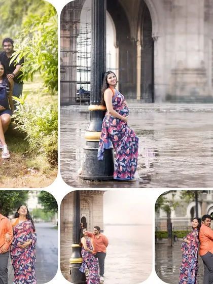 This collage showcases the variety we can achieve in a single maternity session, from casual park photos to elegant portraits by the Gateway of India. It's a perfect example of a Mumbai-centric photoshoot.
