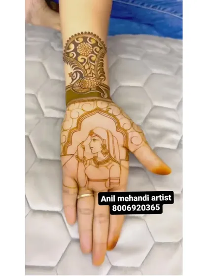 A work in progress, this image shows the initial outline of a bride's portrait on the palm. I can replicate any photo you provide with this level of detail.