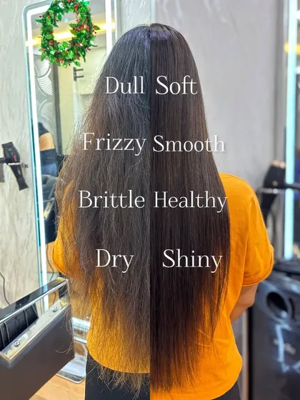This is what my Hair Botox treatment can do. I focus on turning dry, frizzy, and brittle hair into a smooth, healthy, and shiny state. The side-by-side comparison clearly shows the frizz reduction and the glossy finish you can expect.