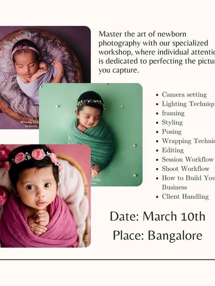 A collage of newborn photos with details about the upcoming workshop.