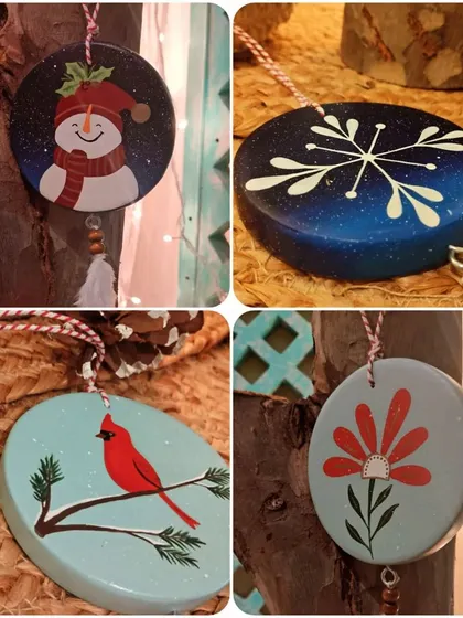 More of our festive ornament collection, including a cheerful snowman, a delicate snowflake, a cardinal bird, and a simple flower.