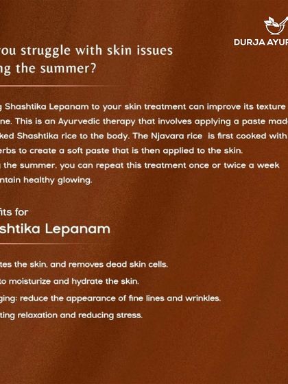 This graphic explains the benefits of Shashtika Lepanam for summer skin issues, highlighting its exfoliating, moisturizing, and anti-aging properties.