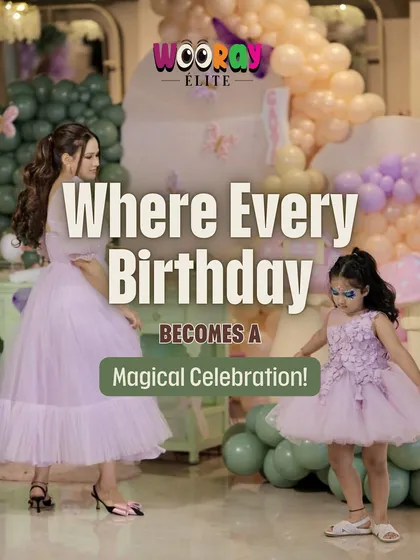 A mother and daughter dressed in matching lavender gowns at a magical fairy-themed birthday party. We create celebrations where every moment is picture-perfect.