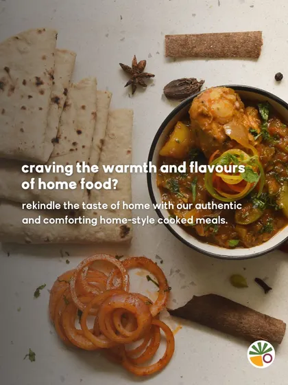 Craving the warmth and flavors of home food? This image of my non-veg thali, with its rich chicken curry and soft rotis, is a reminder that you can rekindle the taste of home with my meals.