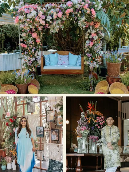 A collage featuring the floral swing and the couple posing by the memory wall, capturing the personal and beautiful moments of the welcome lunch.