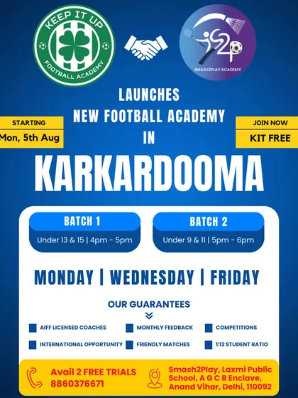 This is the launch announcement for my new football academy in Karkardooma. I offer structured batches for different age groups with guarantees like AIFF licensed coaches and a 1:12 student ratio.