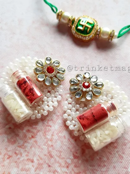 The essentials for every Raksha Bandhan ceremony. I offer these beautiful Roli-Chawal holders, including Kundan-style flower designs and mini glass bottles, to complete your Rakhi thali.