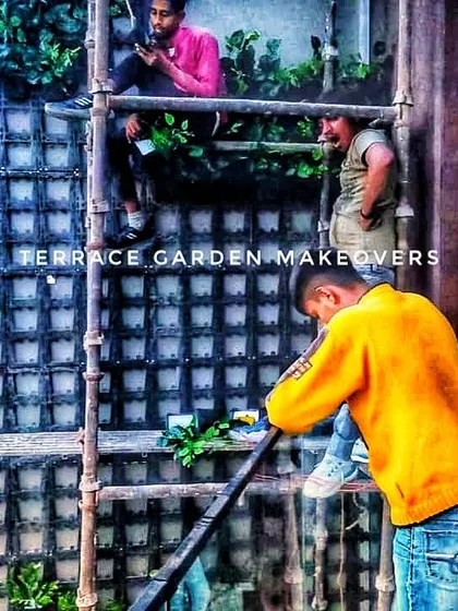 Our dedicated team working on the installation of a large vertical garden framework. We take pride in our hard work and attention to detail to bring these green walls to life.