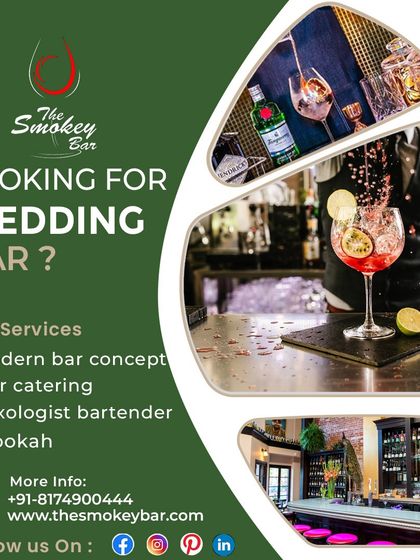 This graphic targets the wedding market, showcasing an elegant cocktail and outlining my core services: modern bar concepts, bar catering, mixologists, and hookah.