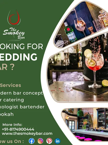 This graphic targets the wedding market, showcasing an elegant cocktail and outlining my core services: modern bar concepts, bar catering, mixologists, and hookah.