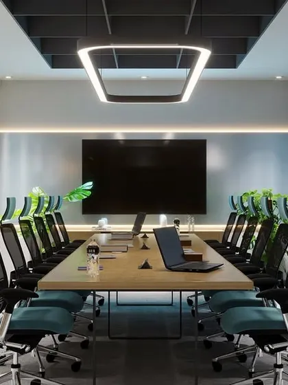 A concept for a large, formal boardroom, featuring a deep blue color palette and textured wall panels. The design is sophisticated and powerful, with lush greenery visible through the glass walls.