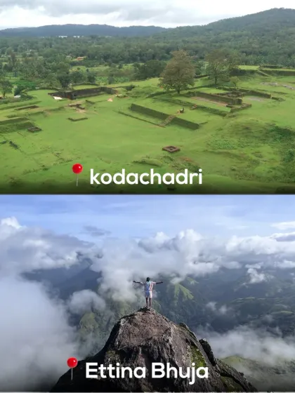 A collage showing the ancient ruins at Kodachadri and the stunning "above the clouds" view from Ettina Bhuja.