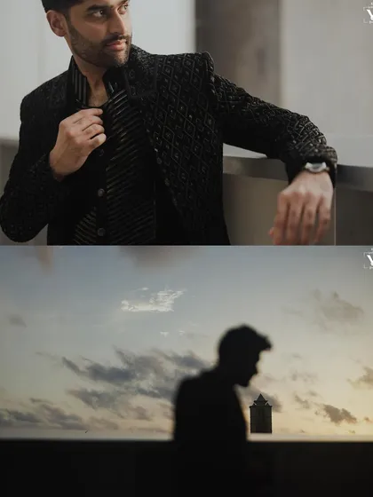 A collage of groom portraits with a moody, cinematic feel. The silhouette against the sunset sky and the close-up of him in his stylish black outfit create a powerful, fashion-inspired look.