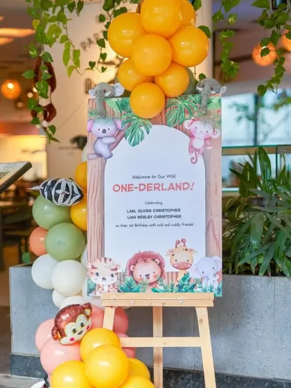Welcome to the 'Wild ONE-derland'! We create personalized welcome signs like this one to greet your guests and set the theme from the moment they arrive.