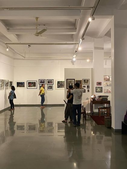 A full view of the gallery, showing the mix of installations and wall-hung art.