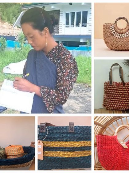 This image honors the talented women artisans behind our handcrafted bags and baskets. It shows a woman from our artisan community alongside a collage of the beautiful jute, seagrass, and kauna grass products they create, celebrating their skill and empowerment.