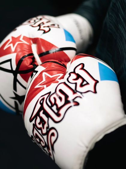 A detailed shot of the gloves, a symbol of the fighter's commitment to the sport.