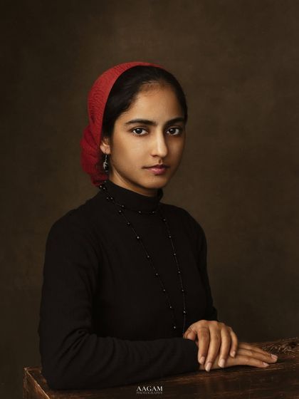 "Find your voice in the silence of creation." Another variation on the classical theme, this time with a red headscarf, creating a different mood and story.