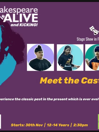 Meet the cast of "Shakespeare is Alive and Kicking!". This poster introduces the young actors who will bring the classic past to life in our modern theatrical production.
