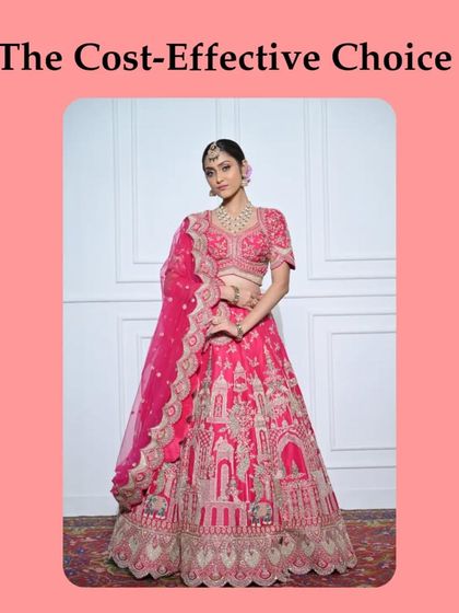 Why invest in a dress you'll wear once? This image poses the smart question with a gorgeous pink bridal lehenga, highlighting the cost-effective choice of renting.