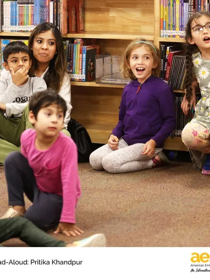 Our Elementary School library hosts literacy fun for students and parents. Guest storyteller Pritika Khandpur captivates our young learners with the interactive story of Elfy the Elephant, filling the library with laughter and joy.
